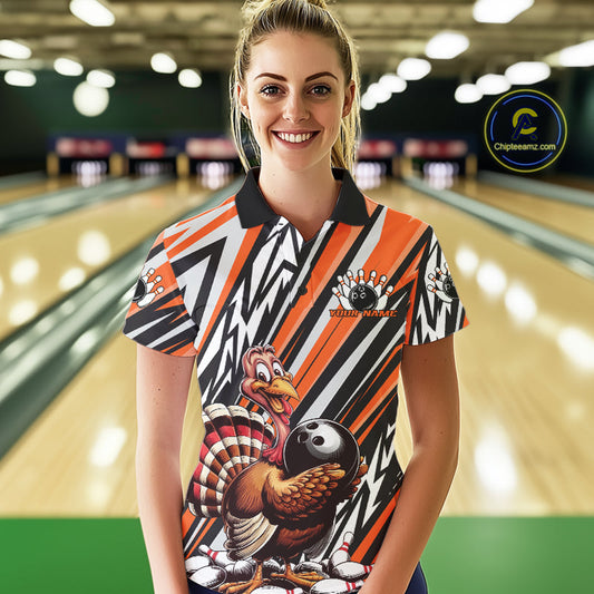 Custom Orange Funny Thanksgiving Turkey Bowling Team Women Polo Shirts, Bowling Jerseys IPHW9721