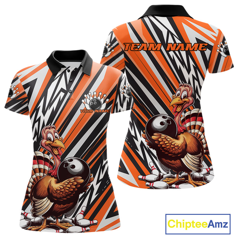 Custom Orange Funny Thanksgiving Turkey Bowling Team Women Polo Shirts, Bowling Jerseys IPHW9721