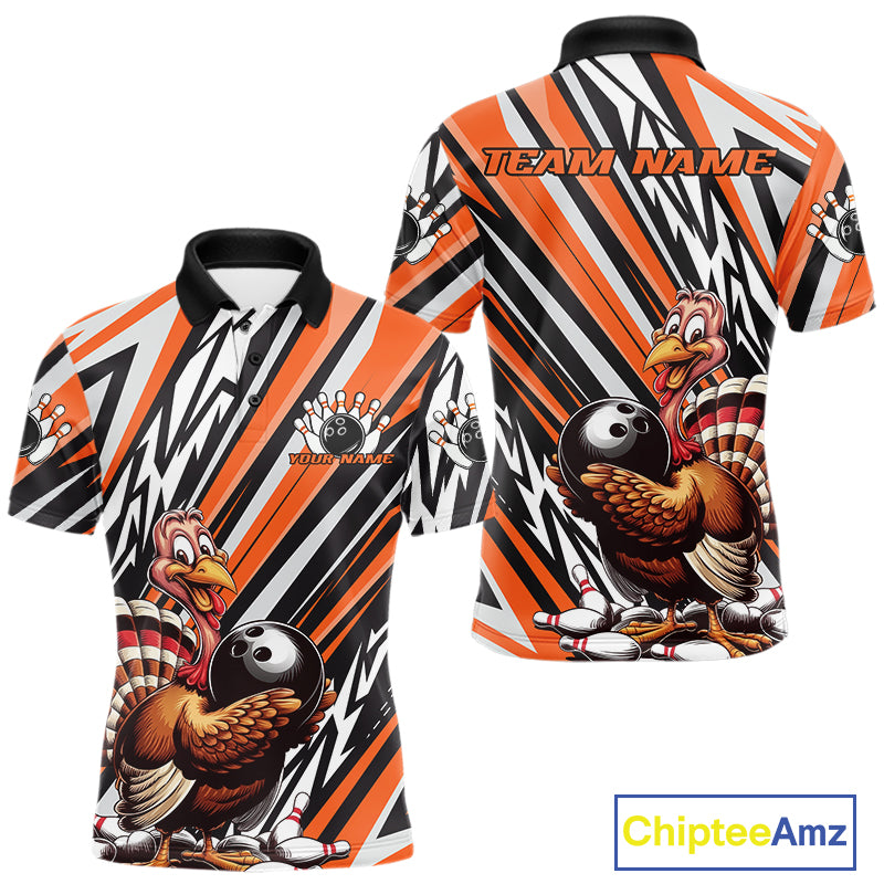 Custom Orange Funny Thanksgiving Turkey Bowling Team Men Polo Shirts, Bowling Jerseys IPHW9721