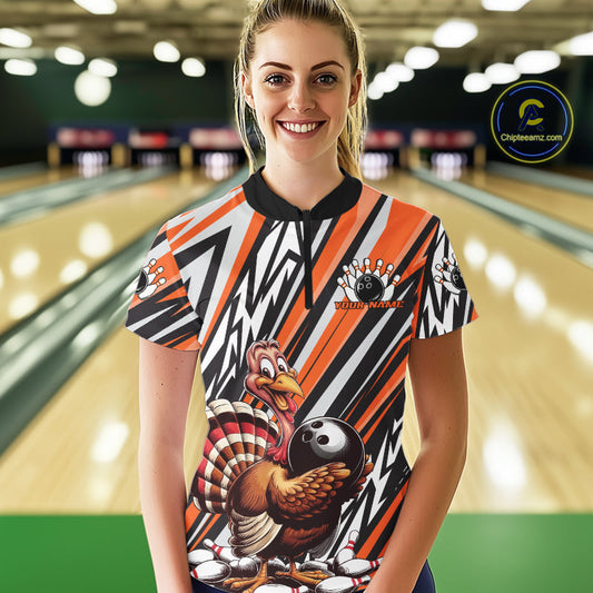 Custom Orange Funny Thanksgiving Turkey Bowling Women Quarter-Zip Shirts, Bowling Jerseys IPHW9721