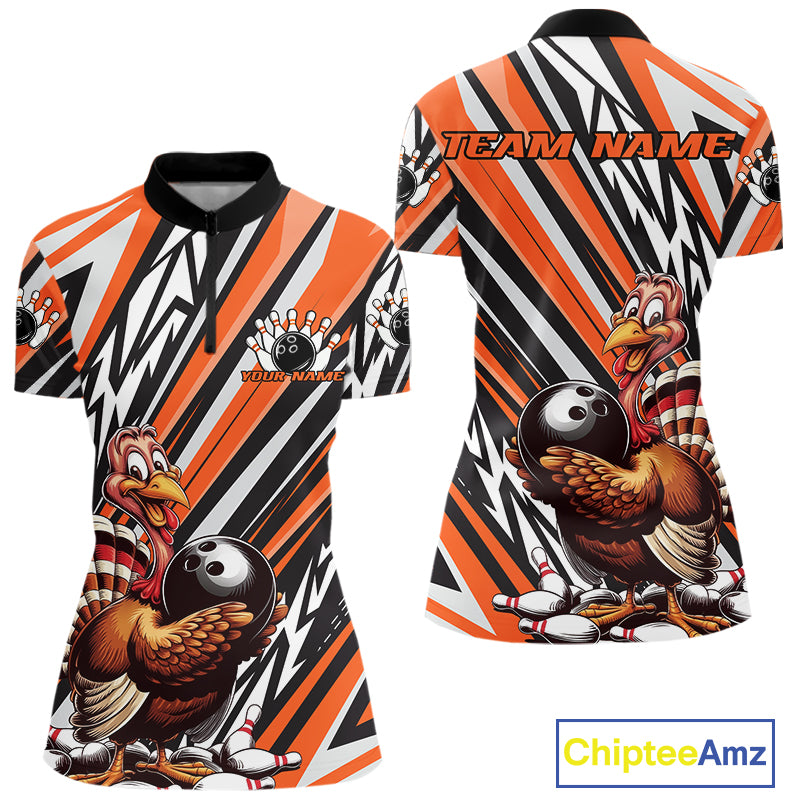 Custom Orange Funny Thanksgiving Turkey Bowling Women Quarter-Zip Shirts, Bowling Jerseys IPHW9721