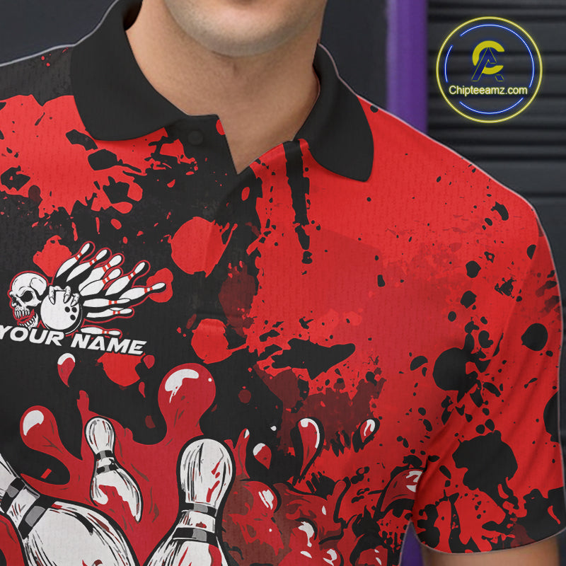 Custom Black And Red Splatter Skull Bowling Team Men Polo Shirt, Halloween Bowler Outfit IPHW9725