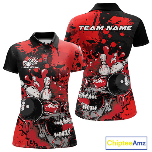 Custom Black And Red Splatter Skull Bowling Women Polo Shirt, Halloween Bowler Outfit IPHW9725