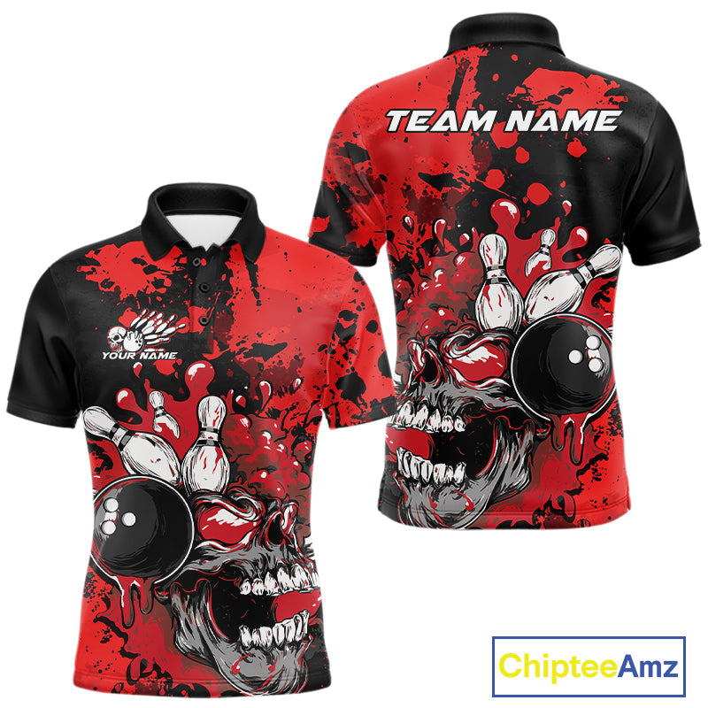 Custom Black And Red Splatter Skull Bowling Team Men Polo Shirt, Halloween Bowler Outfit IPHW9725