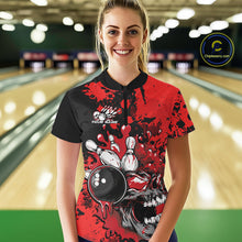Load image into Gallery viewer, Custom Black And Red Splatter Skull Bowling Women Quarter-Zip Shirt, Halloween Bowler IPHW9725