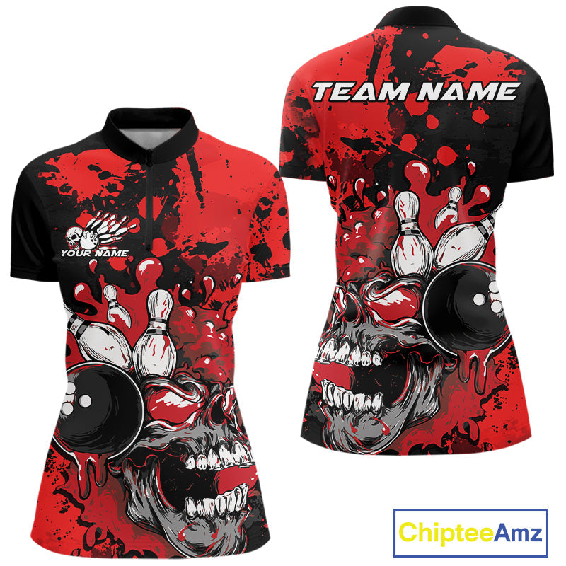 Custom Black And Red Splatter Skull Bowling Women Quarter-Zip Shirt, Halloween Bowler IPHW9725