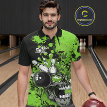 Load image into Gallery viewer, Custom Black And Green Splatter Skull Bowling Team Men Polo Shirt, Halloween Outfit IPHW9728