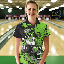 Load image into Gallery viewer, Custom Black And Green Splatter Skull Bowling Team Women Polo Shirt, Halloween Outfit IPHW9728