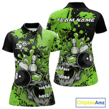 Load image into Gallery viewer, Custom Black And Green Splatter Skull Bowling Team Women Polo Shirt, Halloween Outfit IPHW9728