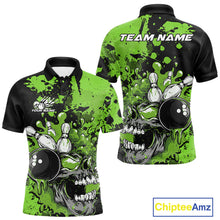 Load image into Gallery viewer, Custom Black And Green Splatter Skull Bowling Team Men Polo Shirt, Halloween Outfit IPHW9728