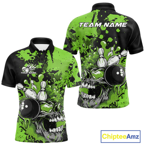Custom Black And Green Splatter Skull Bowling Team Men Polo Shirt, Halloween Outfit IPHW9728