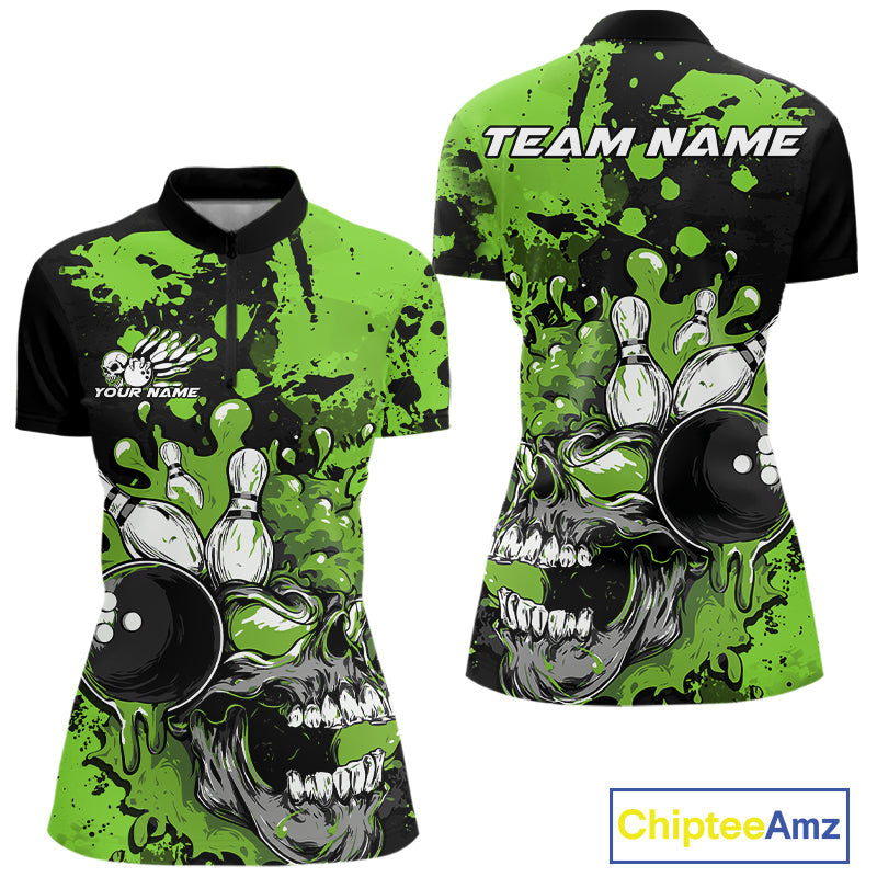 Custom Black And Green Splatter Skull Bowling Women Quarter-Zip Shirt, Halloween Outfit IPHW9728
