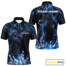 Load image into Gallery viewer, Custom Blue Flame Grim Reaper Bowling Polo Shirts For Men, Halloween Bowling Outfit IPHW9729