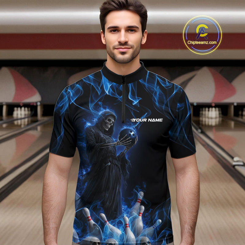 Custom Blue Flame Grim Reaper Bowling Quarter-Zip Shirts For Men, Halloween Bowling Outfit IPHW9729