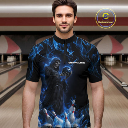 Custom Blue Flame Grim Reaper Bowling Quarter-Zip Shirts For Men, Halloween Bowling Outfit IPHW9729