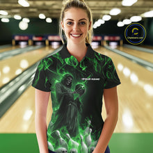 Load image into Gallery viewer, Custom Green Flame Grim Reaper Bowling Polo Shirts For Women, Halloween Bowling Outfit IPHW9731