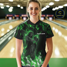 Load image into Gallery viewer, Custom Green Flame Grim Reaper Bowling Women Quarter-Zip Shirts, Halloween Bowling Outfit IPHW9731