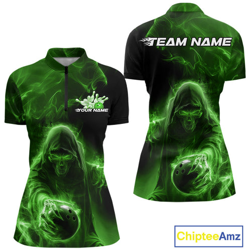 Custom Black And Green Smoke Flame Grim Reaper Halloween Bowling Women Quarter-Zip Shirts IPHW9741