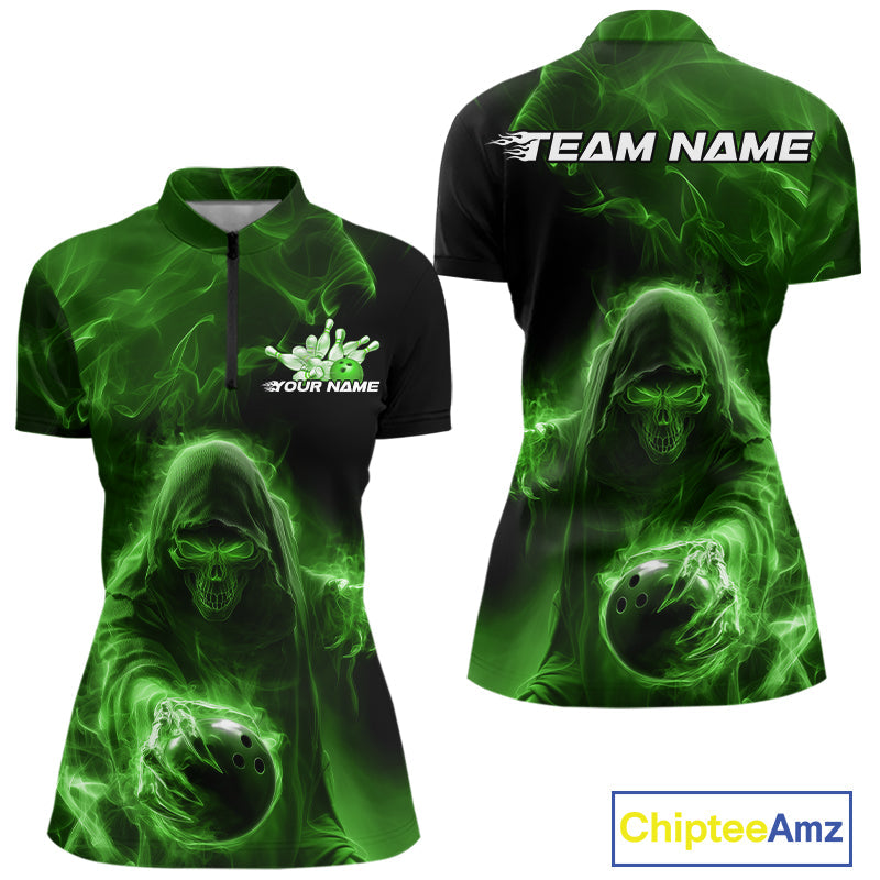 Custom Black And Green Smoke Flame Grim Reaper Halloween Bowling Women Quarter-Zip Shirts IPHW9741
