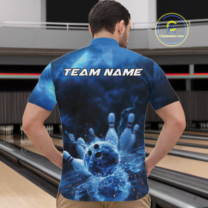 Custom Blue Thunder Lightning Bowling Team Men Quarter-Zip Shirts, Bowling Jerseys IPHW9747
