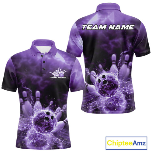 Custom Purple Thunder Lightning Bowling Team Men Polo Shirts, Bowling Jerseys IPHW9748