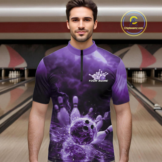 Custom Purple Thunder Lightning Bowling Team Men Quarter-Zip Shirts, Bowling Jerseys IPHW9748