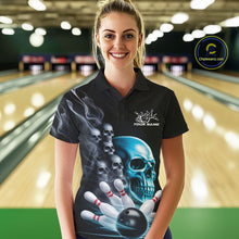 Load image into Gallery viewer, Custom Blue Glowing Ghostly Skull Bowling Polo Shirts For Women, Halloween Bowlers Outfit IPHW9515