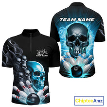 Load image into Gallery viewer, Custom Blue Glowing Ghostly Skull Bowling Quarter-Zip Shirts For Men, Halloween Bowlers Outfit IPHW9515