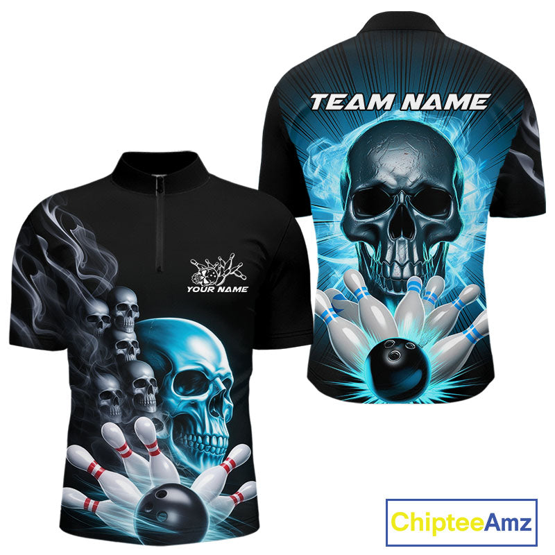 Custom Blue Glowing Ghostly Skull Bowling Quarter-Zip Shirts For Men, Halloween Bowlers Outfit IPHW9515