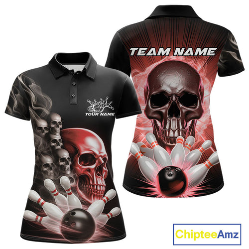 Custom Red Glowing Ghostly Skull Bowling Polo Shirts For Women, Halloween Bowlers Outfit IPHW9516