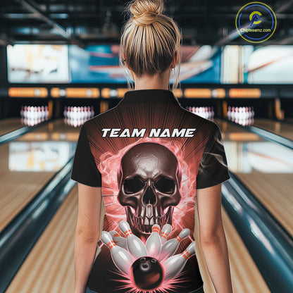 Custom Red Glowing Ghostly Skull Bowling Women Quarter-Zip Shirt, Halloween Outfit IPHW9516