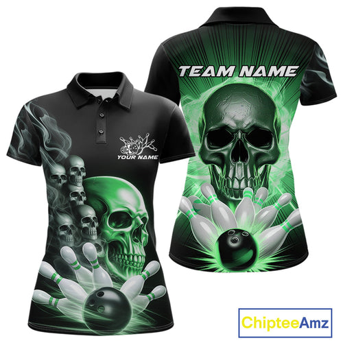 Custom Green Glowing Ghostly Skull Bowling Women Polo Shirt, Halloween Bowlers Outfit IPHW9518