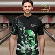 Load image into Gallery viewer, Custom Green Glowing Ghostly Skull Bowling Quarter-Zip Shirts For Men, Halloween Bowlers Outfit IPHW9518
