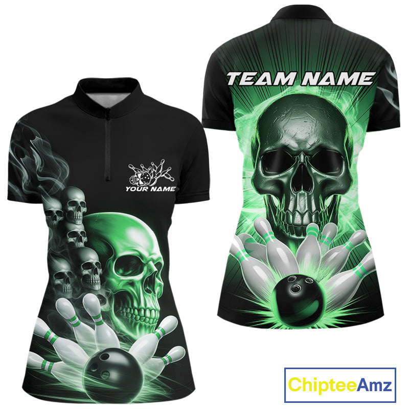 Custom Green Glowing Ghostly Skull Bowling Women Quarter-Zip Shirt, Halloween Outfit IPHW9518