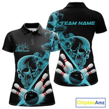 Load image into Gallery viewer, Custom Blue Smoke Skull Women Bowling Team Polo Shirts, Hallowen Bowlers Jerseys IPHW9523