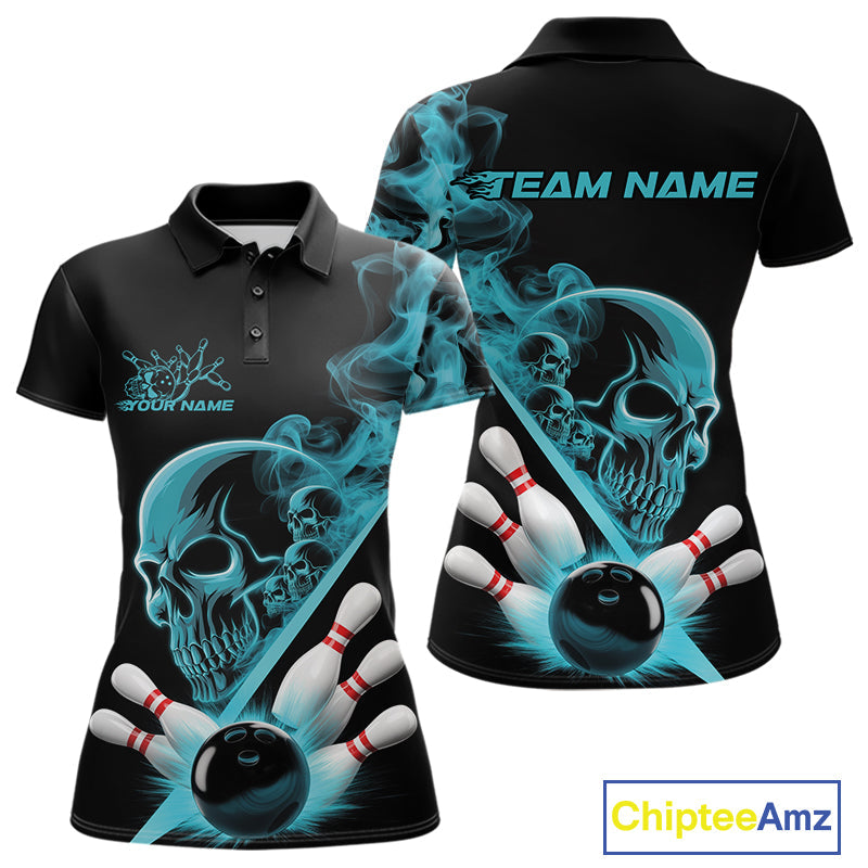 Custom Blue Smoke Skull Women Bowling Team Polo Shirts, Hallowen Bowlers Jerseys IPHW9523