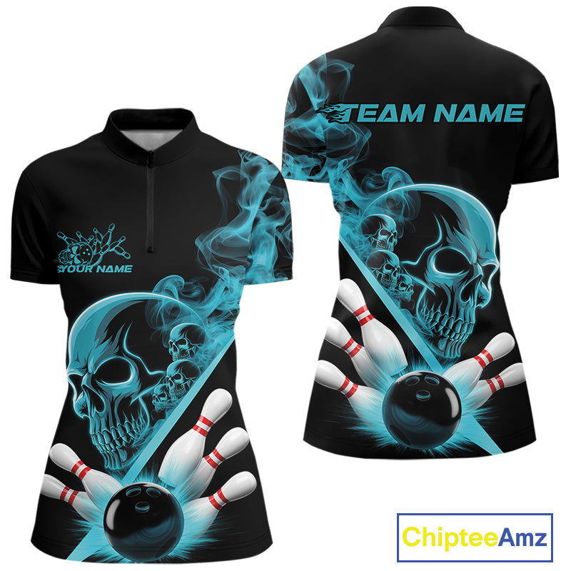 Custom Blue Smoke Skull Women Bowling Team Quarter-Zip Shirts, Hallowen Bowlers Jerseys IPHW9523