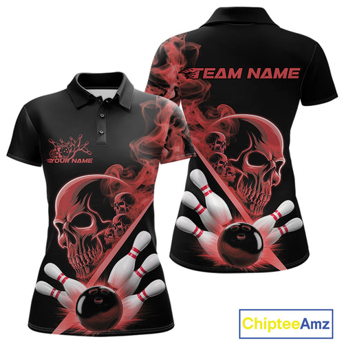 Custom Red Smoke Skull Women Bowling Team Polo Shirts, Hallowen Bowlers Jerseys IPHW9524
