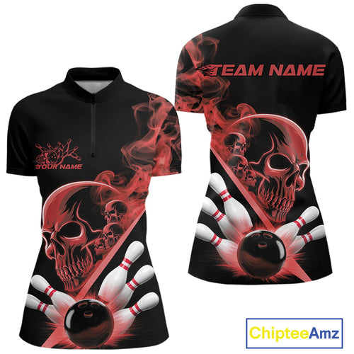 Custom Red Smoke Skull Women Bowling Team Quarter-Zip Shirts, Hallowen Bowlers Jerseys IPHW9524
