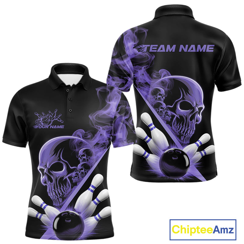 Custom Purple Smoke Skull Men Bowling Team Polo Shirts, Hallowen Bowlers Jerseys IPHW9525