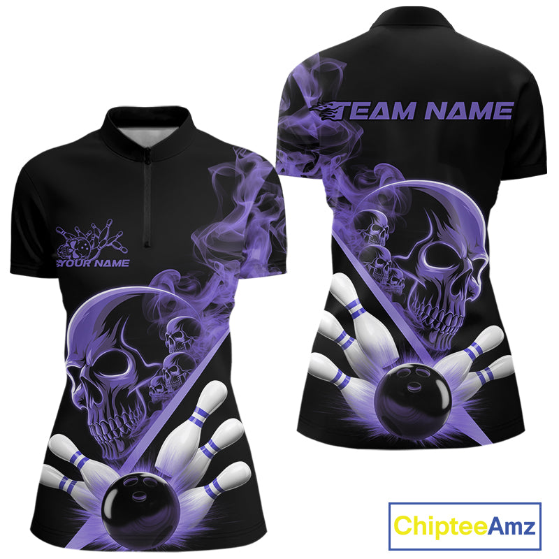 Custom Purple Smoke Skull Women Bowling Team Quarter-Zip Shirts, Hallowen Bowlers Jerseys IPHW9525