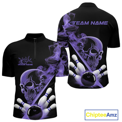 Custom Purple Smoke Skull Men Bowling Team Quarter-Zip Shirts, Hallowen Bowlers Jerseys IPHW9525