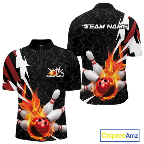Custom Fiery Red Bowling Men Quarter-Zip Shirts, Inferno Flame Bowling Team League Shirt IPHW9526