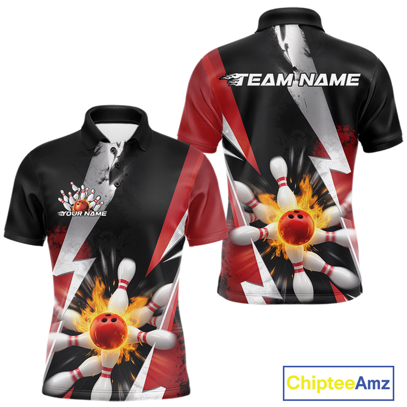 Custom Fiery Red Bowling Men Polo Team Shirts, Fire Flame Bowling Jerseys Bowler Outfit IPHW9529