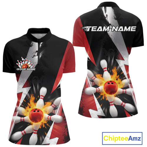 Custom Fiery Red Bowling Women Quarter-Zip Team Shirts, Fire Flame Bowler Outfit IPHW9529