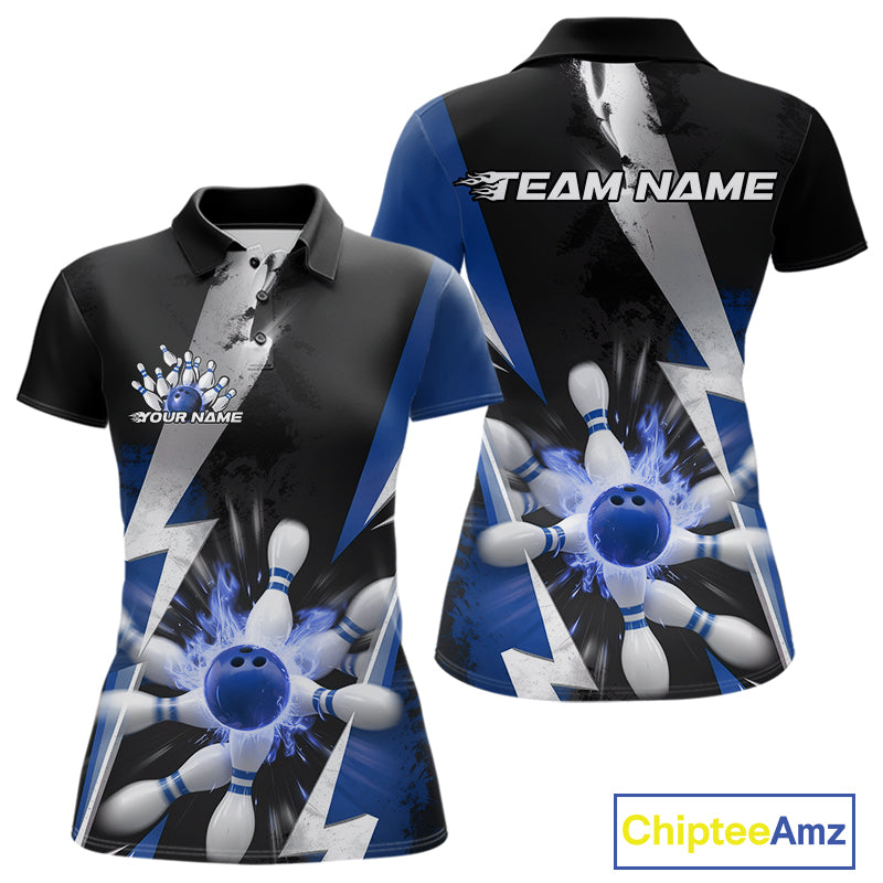 Custom Fiery Blue Bowling Women Polo Team Shirt, Fire Flame Bowling Jerseys Bowler Outfit IPHW9530