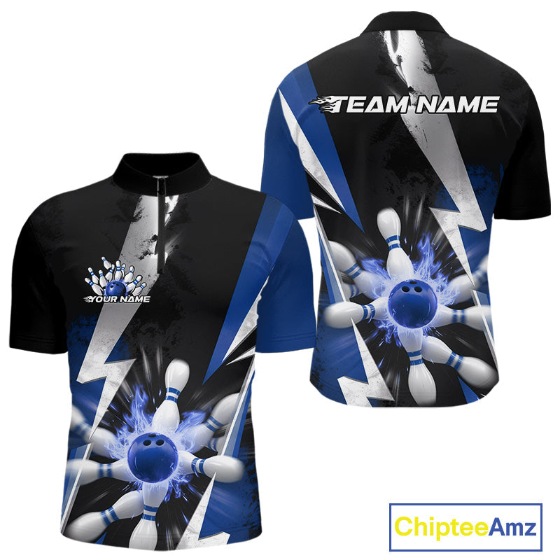 Custom Fiery Blue Bowling Men Quarter-Zip Team Shirts, Fire Flame Bowling Jerseys Bowler Outfit IPHW9530