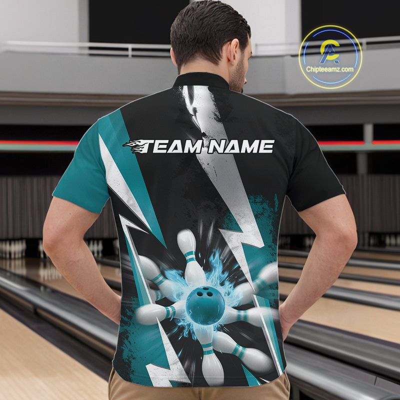 Custom Fiery Turquoise Blue Bowling Men Quarter-Zip Shirts, Flame Bowling Jerseys Bowler Outfit IPHW9531