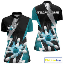 Load image into Gallery viewer, Custom Fiery Turquoise Blue Bowling Women Quarter-Zip Team Shirts, Flame Bowler Outfit IPHW9531