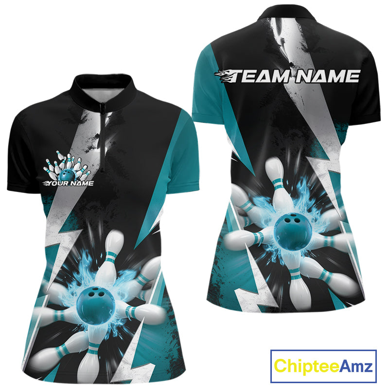 Custom Fiery Turquoise Blue Bowling Women Quarter-Zip Team Shirts, Flame Bowler Outfit IPHW9531